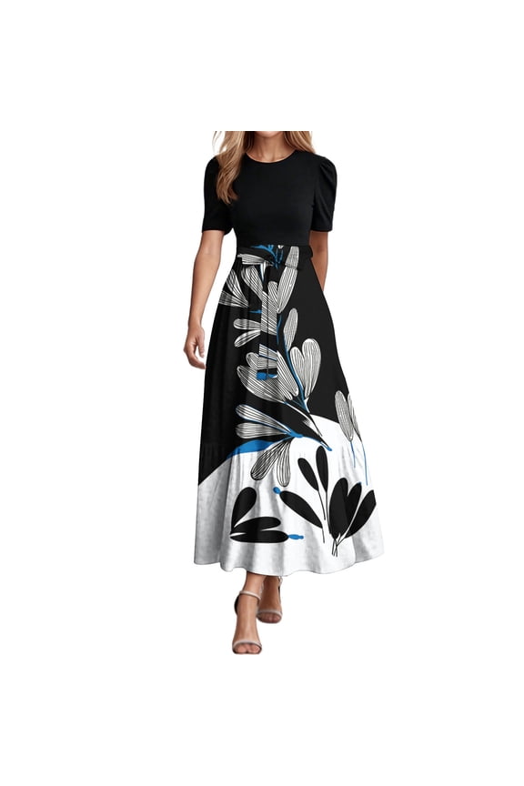 Summer Women Dress Floral Print Wrap Short Sleeve Maxi Dresses Patchwork Slim Waist Ruffles Hem A Line Dress