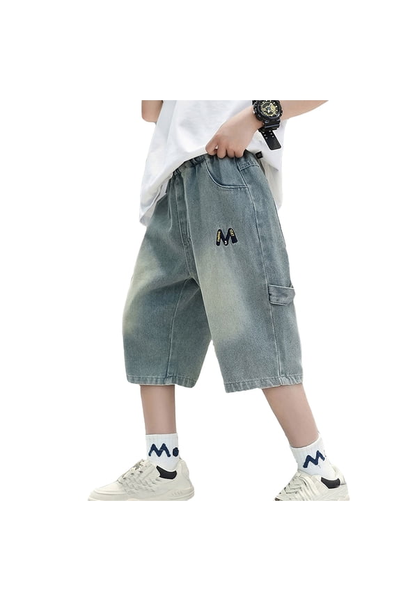 Toddler Boys Baggy Jeans Elastic Waist Wide Leg Casual Loose Half Jeans With Pockets Boys Loose Vintage Baggy Pants