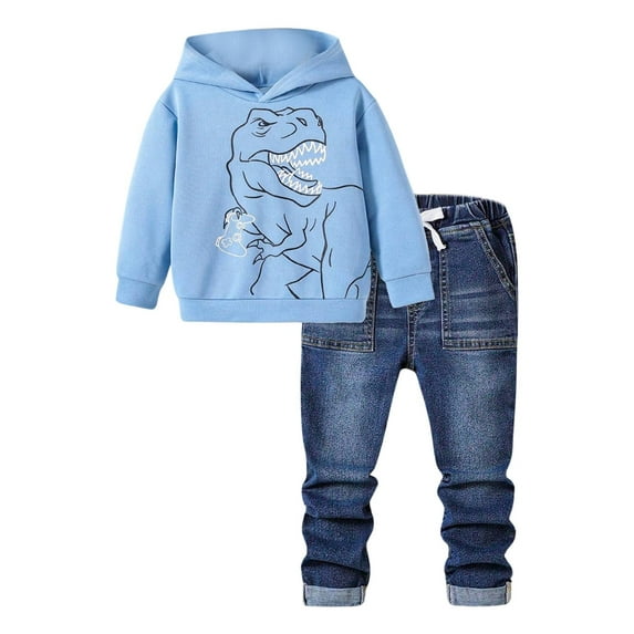 Jamsmile Toddler Boys Outfit Set dinosaur Print Long Sleeve Pullover Hoodie Denim Pants 2 Piece Boys Suits