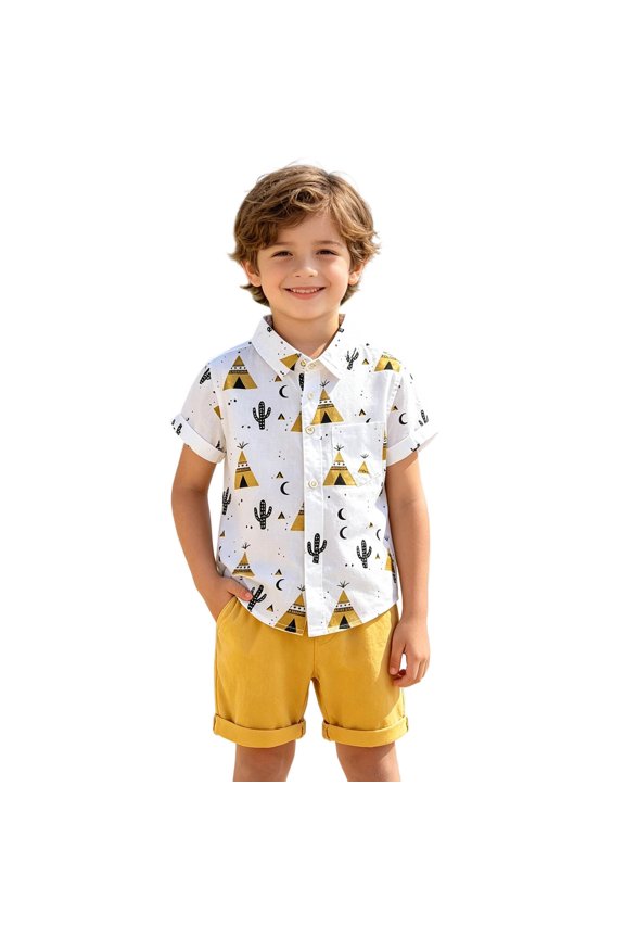 Toddler Boys Outfit Sets Cartoon Desert Print Shirts Tops And Shorts Sets Holiday Outdoor Gentlemanly Style Outfits
