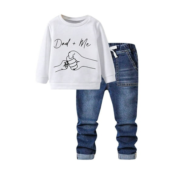 Jamsmile Toddler Boys Outfit Sets Cute Dad Letters Print Long Sleeve Hoodie + Denim Pants Suits Autumn Kids Outfits