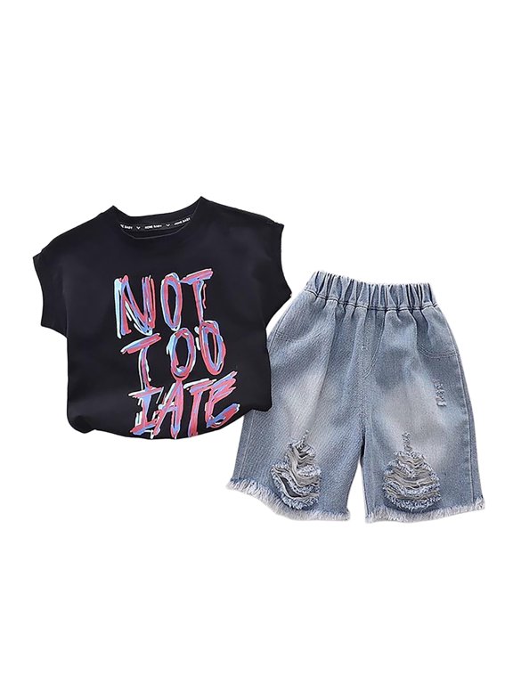 Toddler Boys Outfit Sets Letters Print Graphic Tshirts Top Denim Shorts 2PC Summer Little Boys Athletic Outfits Sets, 2-3 Years