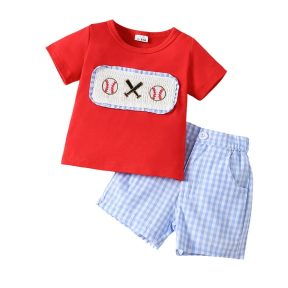 Jamsmile Toddler Boys Outfit Sets Short Sleeve Cartoon Baseball Print Tshirts Tops + Plaid Shorts Outfits Summer boys sports suits, 6-12 Monthss