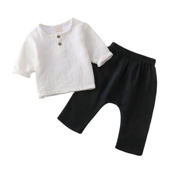 Jamsmile Toddler Boys Outfit Sets Solid Color Pullovers Long Sleeve Linen Tshirts + Pants Crewneck Tops Shorts Sets kids boys Clothes, 18-24 Monthss