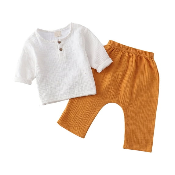 Jamsmile Toddler Boys Outfit Sets Solid Color Pullovers Long Sleeve Linen Tshirts + Pants Crewneck Tops Shorts Sets kids boys Clothes, 6-12 Monthss
