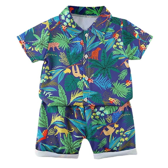 Jamsmile Toddler Boys Outfit Sets Summer Beach Button Down Tropical leaves PrinTshirts + Shorts Breathable Children Boys Clothes Sets, 12-24 Monthss