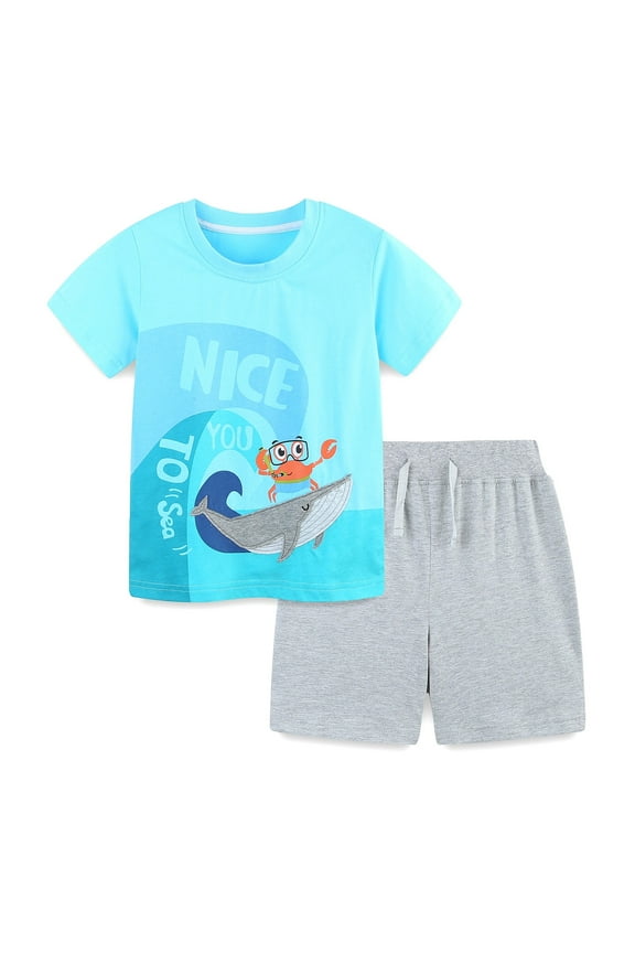 Toddler Boys Outfit Sets Summer Cartoon Ocean Print Tees Tops Shorts Sets Cotton Graphic Playwear Boy Outfits, 1-2 Years