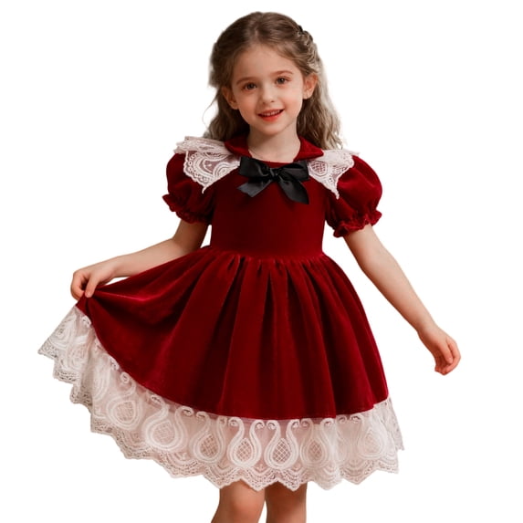 Jamsmile Toddler Girls Christmas Dress Short Sleeve Lace Bowknot Pageant Party Gown Dresses Child Girls Long Princess Dress