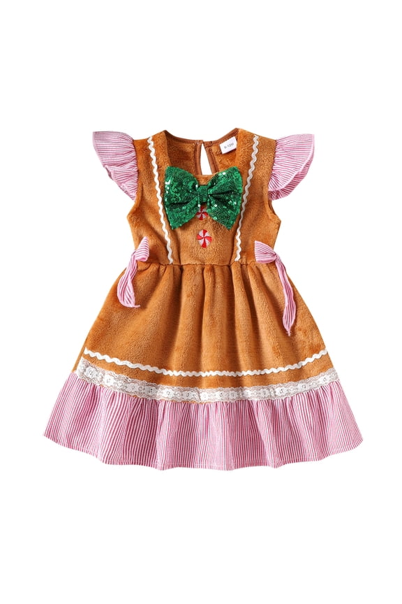 Toddler Girls Christmas Dress Striped Print Ruffles Sleeveless Dresses Bow Party Gown Kids Girls Holiday Pageant Dress