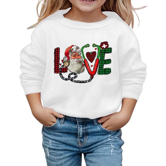 Jamsmile Toddler Girls Christmas Sweatshirts Crewneck Santa Claus Print Sweatshirt Long Sleeve Pullover Soft Holiday Tops