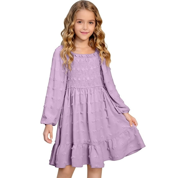 Jamsmile Toddler Girls Dress Autumn Elegant Long Sleeve Square Neck Ruffles Smocked Waist Casual Girls Party Dress