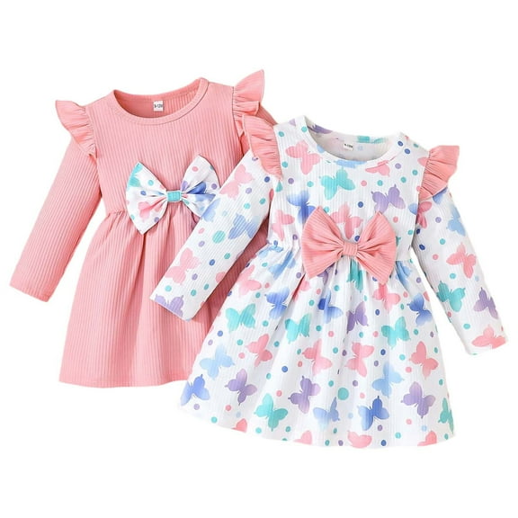Jamsmile Toddler Girls Dress Autumn Long Sleeve Butterfly Print Bowknot Dresses Casual Little Girls Holiday Beach Sundress