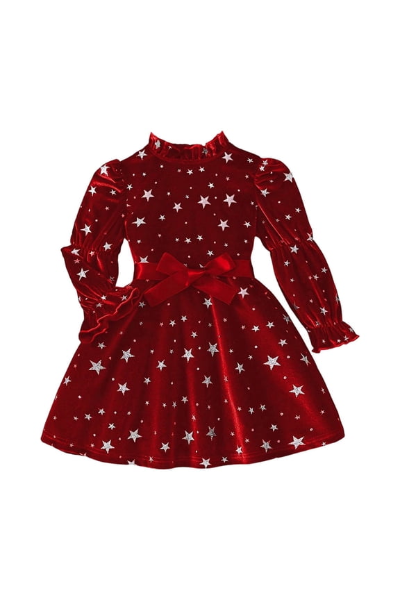 Toddler Girls Dress Christmas Velvet Star Print Dresses With Ruffle Hem Bow Tie Belt Long Sleeve Party Gown Dress