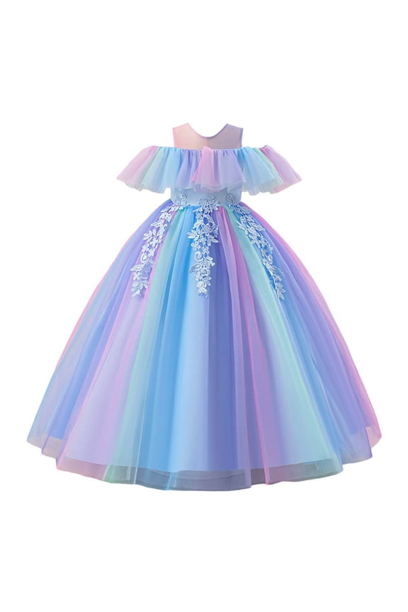 Toddler Girls Dress Lace Rainbow Tutu Party Princess Pageant Gown Dresses Kids Girls Puffy Flower Tulle Maxi Dress
