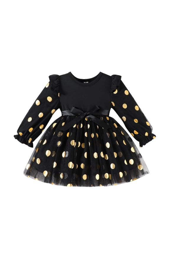 Toddler Girls Dress Long Sleeve Sequin Dots Print Party Dance Dresses Child Girls Performance Formal Tutu Dress