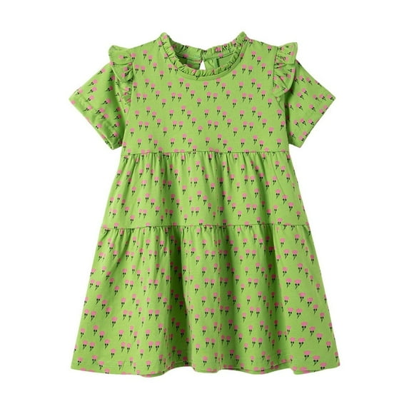 Jamsmile Toddler Girls Dress Summer Cartoon Print Fly Short Sleeve Tiered Swing Dresses Kids Girls A line Boho Beach Twirly Sundress