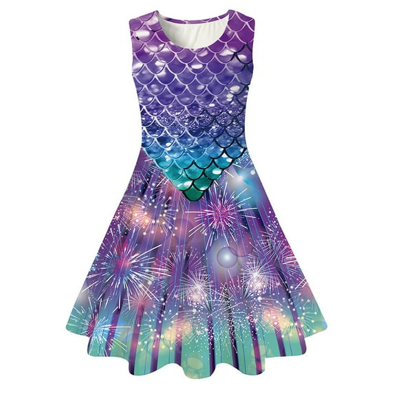 Jamsmile Toddler Girls Dress Summer Fish Scale Print Sleeveless Casual A-line Sundress Children Girls Tunic Princess Dress