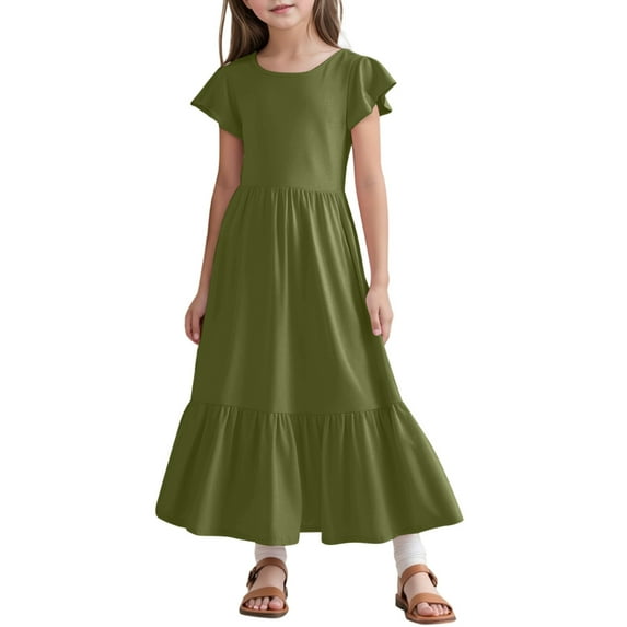 Jamsmile Toddler Girls Dress Summer Pleated Short Sleeve Loose Casual Flowy Long Dress With Pockets Casual Tunic Beach Sundress