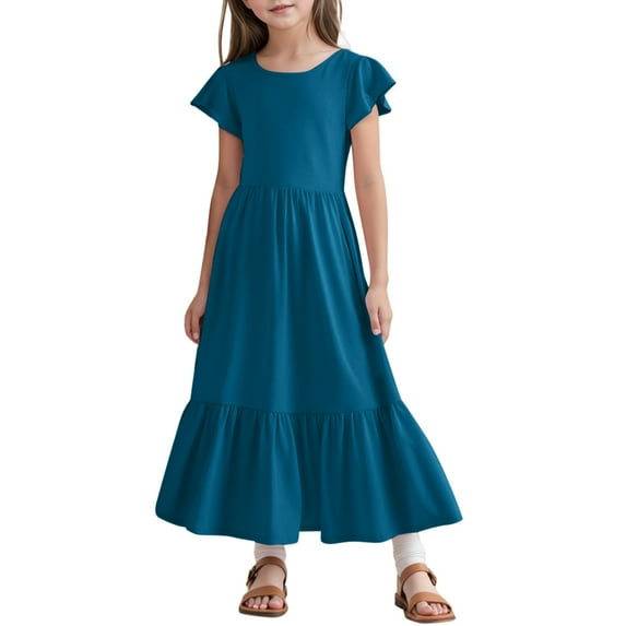 Jamsmile Toddler Girls Dress Summer Pleated Short Sleeve Loose Casual Flowy Long Dress With Pockets Casual Tunic Beach Sundress
