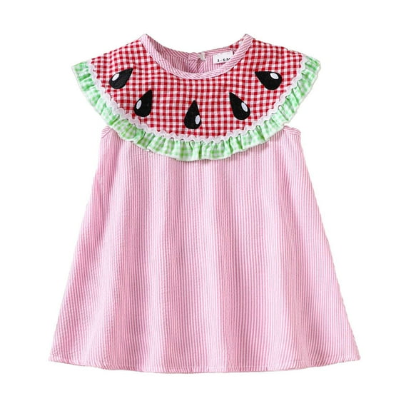 Jamsmile Toddler Girls Dress Summer Sleeveless Cartoon Watermelon Plaid Dance Party Dresses Girls Holiday Beach A-line Sundress