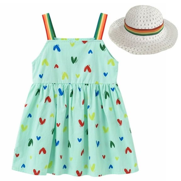 Jamsmile Toddler Girls Dress with Sun Hats Beach Outfits Rainbow Print Spaghetti Strap Sundress Kids Girls Summer Beach Dress