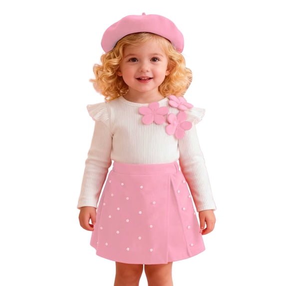 Jamsmile Toddler Girls Outfits Sets Autumn Long Sleeve Ribbed Tshirts Tops + Floral Shorts + Hats 3 Piece Child Girls Outfits