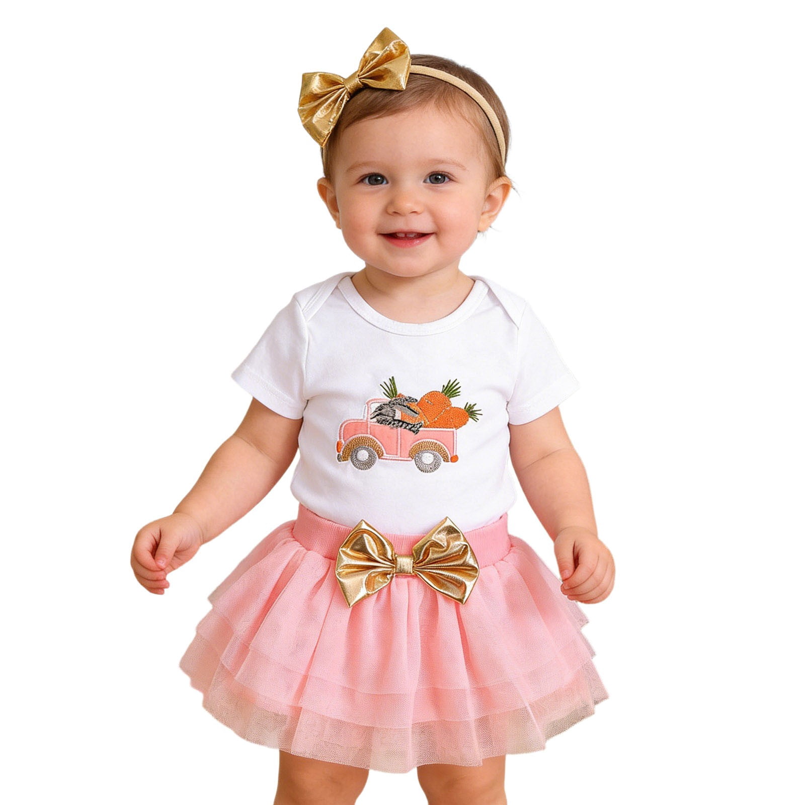 Jamsmile Toddler Girls Outfits Sets Easter Day Bunny Print Romper + Tulle Skirts + Hairband 3 Piece Baby Girls Princess Outfits