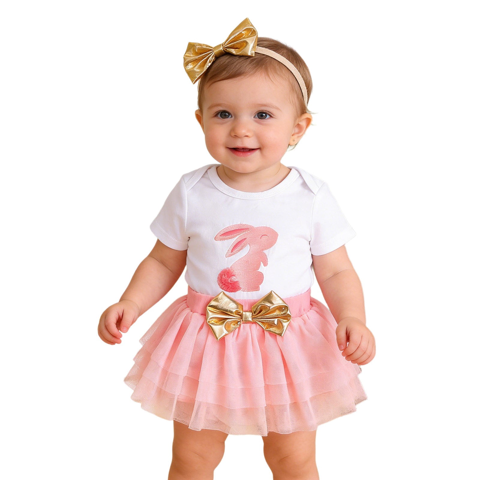 Jamsmile Toddler Girls Outfits Sets Easter Day Bunny Print Romper + Tulle Skirts + Hairband 3 Piece Baby Girls Princess Outfits