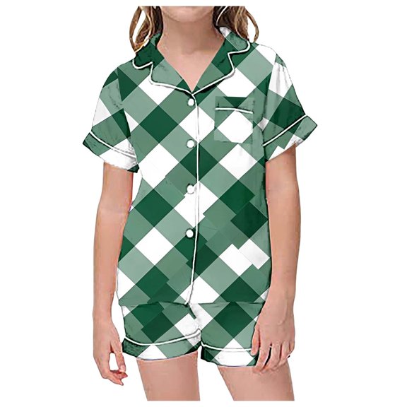 Jamsmile Toddler Girls Pajamas Sets Summer Green Plaid Print Short Sleeve Shirts   Shorts Two Piece Kids Girls Sleepwear