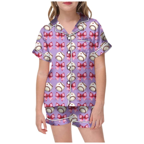 Jamsmile Toddler Girls Sets Sleepwear Short Sleeve Baseball Print Tops + Elastic Waist Shorts Kids Girls 2 Piece Sleepwear