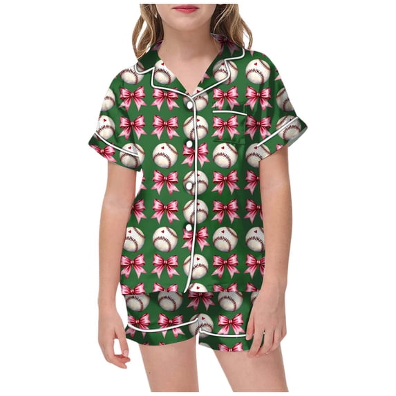 Jamsmile Toddler Girls Sets Sleepwear Short Sleeve Baseball Print Tops + Elastic Waist Shorts Kids Girls 2 Piece Sleepwear