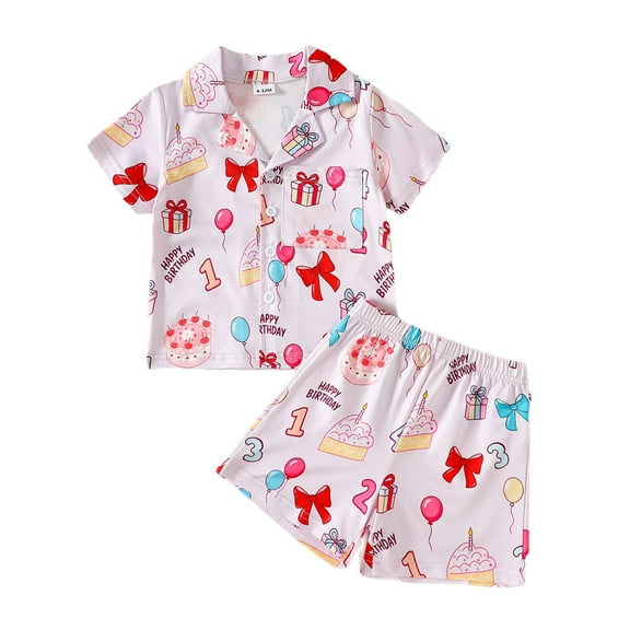 Jamsmile Toddler Girls Sets Sleepwear Short Sleeve Birthday Cartoon Prints Tshirts Tops Shorts Children Girls Nightwear Suits