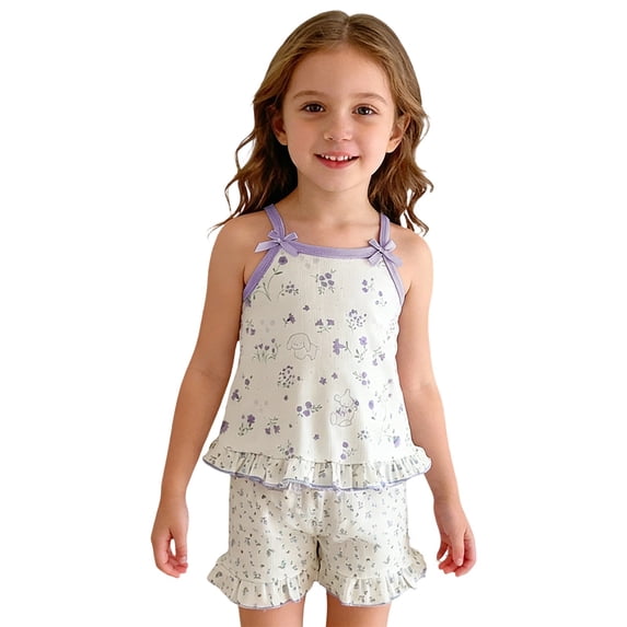 Jamsmile Toddler Girls Sets Sleepwear Summer Floral Sleeveless Camis Tops And Shorts Cartoon Print 2PCS Girls Loungewear