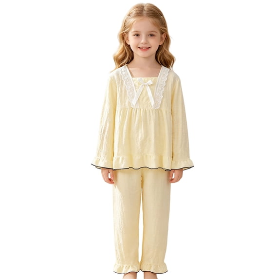Jamsmile Toddler Girls Sleepwear Sets Cute Lace Bowknot Long Sleeve Soft Tops And Pants Two Piece Children Girls Loungewear
