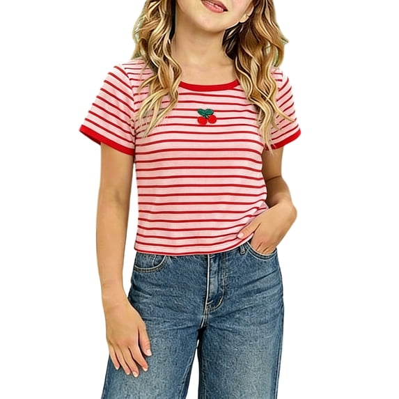 Jamsmile Toddler Girls Tshirts Square Neck Short Sleeve Striped Print T Shirts Casual Tops Soft Little Girls Ladies Tees