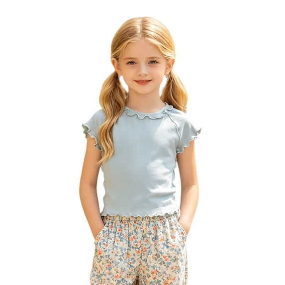 Jamsmile Toddler Girls Tshirts Summer Knitted Tee Shirts Short Sleeve Ruffles Crewneck Casual Kids Girls T-Shirts Tops