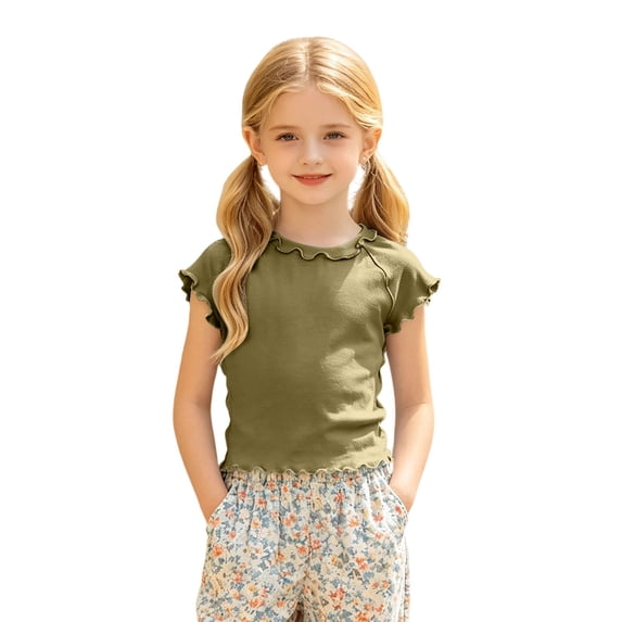 Jamsmile Toddler Girls Tshirts Summer Knitted Tee Shirts Short Sleeve Ruffles Crewneck Casual Kids Girls T-Shirts Tops