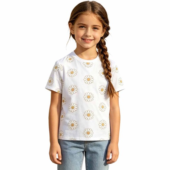 Jamsmile Toddler Girls Tshirts Summer Short Sleeve Daisy Print Tees Tops Kids Girls T Shirts Blend Stitching Casual Tops Kids