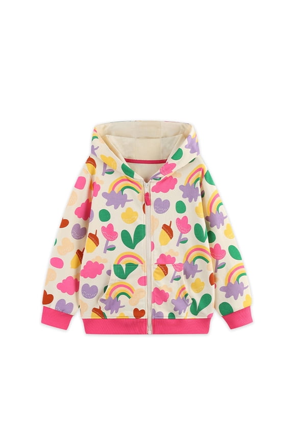 Toddler Girls Zip Up Hoodies Autumn Long Sleeve Hooded Rainbow Print Coats Casual Outerwear Autumn Girls Jackets Tops