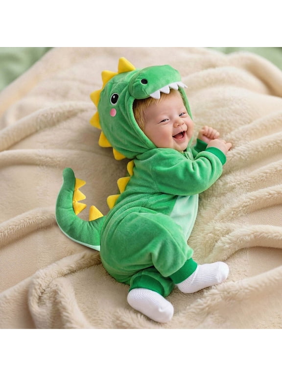 Unisex Baby Dinosaur Onesie Fuzzy Hooded Romper Party Wear Soft Romper Warm Cozy Jumpsuit
