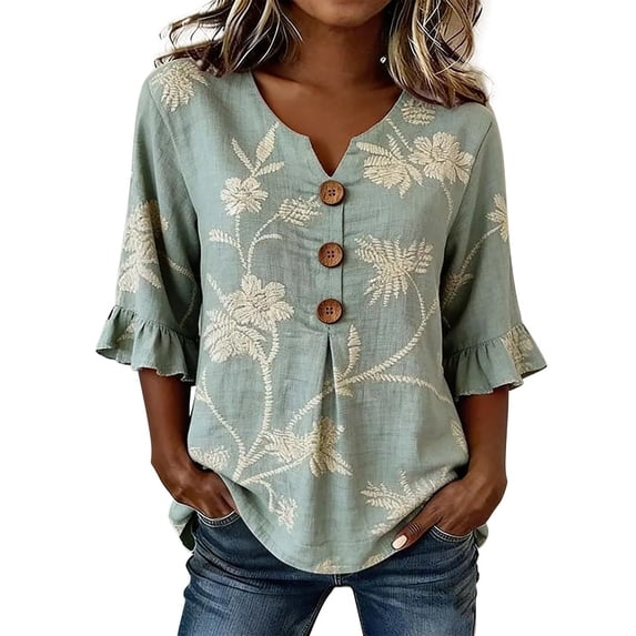 Jamsmile Women Blouse Boho Flowers Print Loose Button Down Shirts Soft Blend V-Neck Pleated Blouse Elegant Bohemian Tunic Shirts