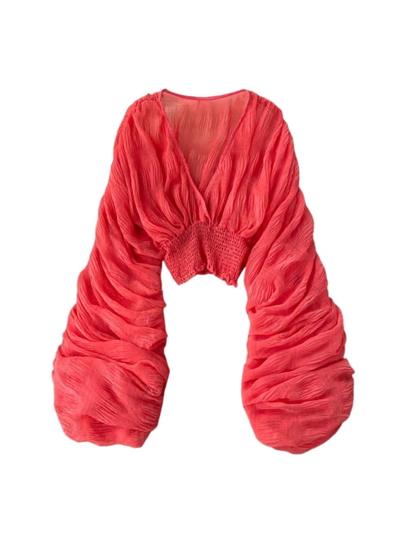 Women Blouse Chiffon Bell Sleeve Dressy Ruched Shirts Crop Tops V-Neck Ladies Tunic Pleated Blouses