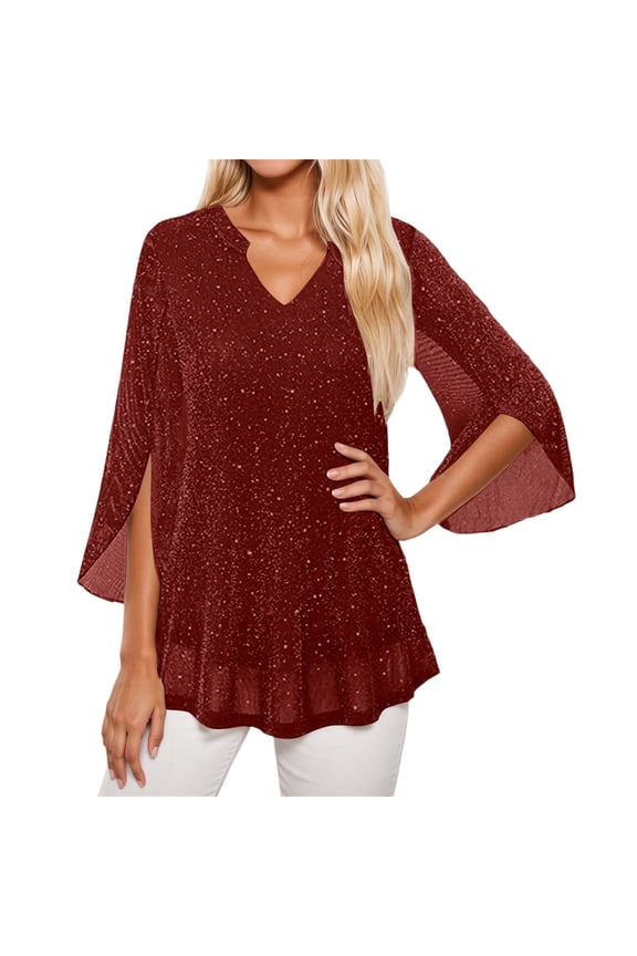 Women Blouse Double Layer Thread Mesh Loose Shirts Tops Flared Three Quarter Sleeves Summer Pullover Beach Blouses