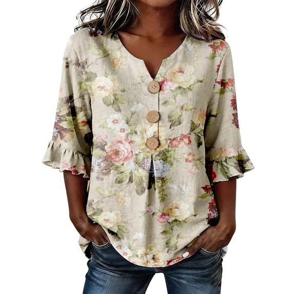 Jamsmile Women Blouse Summer Floral Print Boho Tops Comfort Soft Breathable Blend Tops Casual Wear Bohemian Holiday Blouses