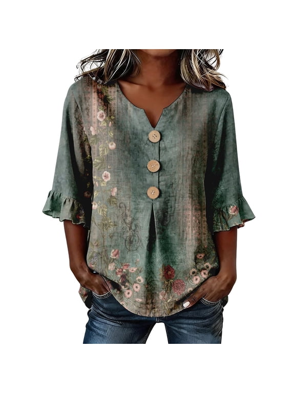 Women Shirts Bohemian Comfort Floral Print Soft Breathable Blend Blouse Tops Holiday Boho Blouses