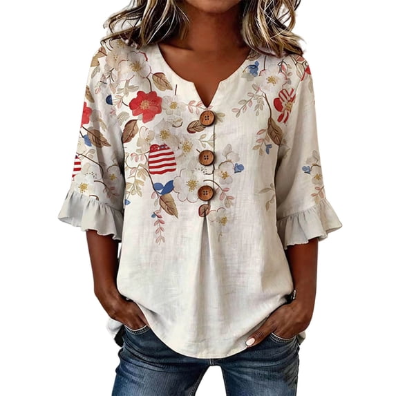 Jamsmile Women Blouses Summer 250th Anniversary USA Print Shirts Flare Sleeve Comfort Fit Oversized Party Holiday Blouse Tops