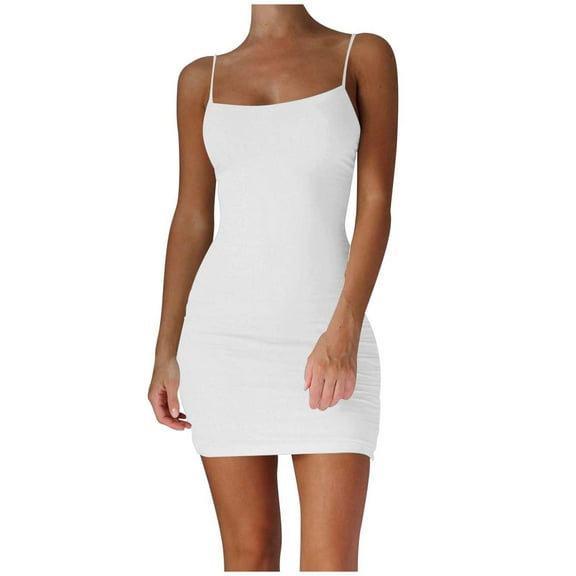 Jamsmile Women Bodycon Dress Solid Color Spaghetti Strap Casual Ladies Club Mini Black Dress Cami Sleeveless Ruched Party Dress