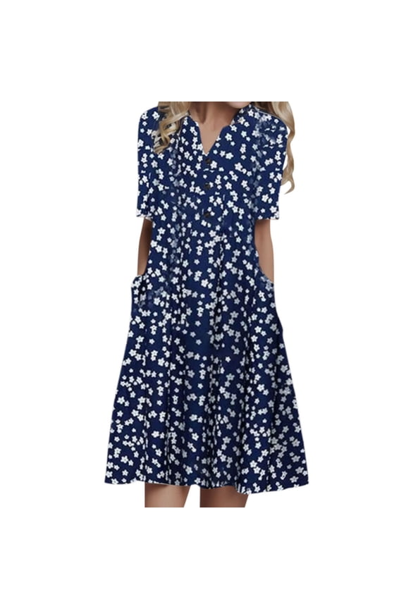 Women Dress Bohemian Loose Summer Casual Button Up Short Sleeve Floral Print Dresses Party Flowy Midi Sundress