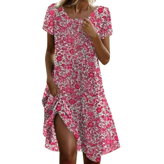 Jamsmile Women Dress Bohemian Style Floral Print Round Neck Short Sleeve Beach Midi Dresses Casual Boho Ruffle Short Sundress