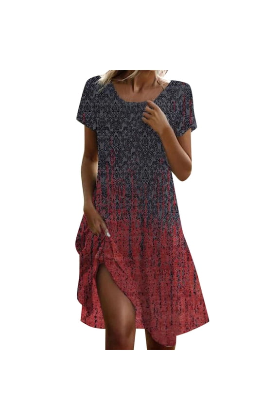 Women Dress Floral Gradient Print Round Neck Short Sleeve Mini Dresses Summer Boho Party Holiday Casual Sundress